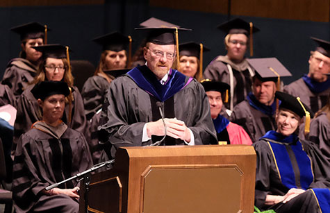 File photo: Dr. Mike Apley speaks at 2018 commencement