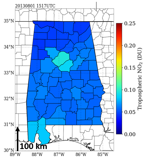 Synthetic tropospheric NO2 (Dobson Units) spatially interpolated to county level throughout AL 