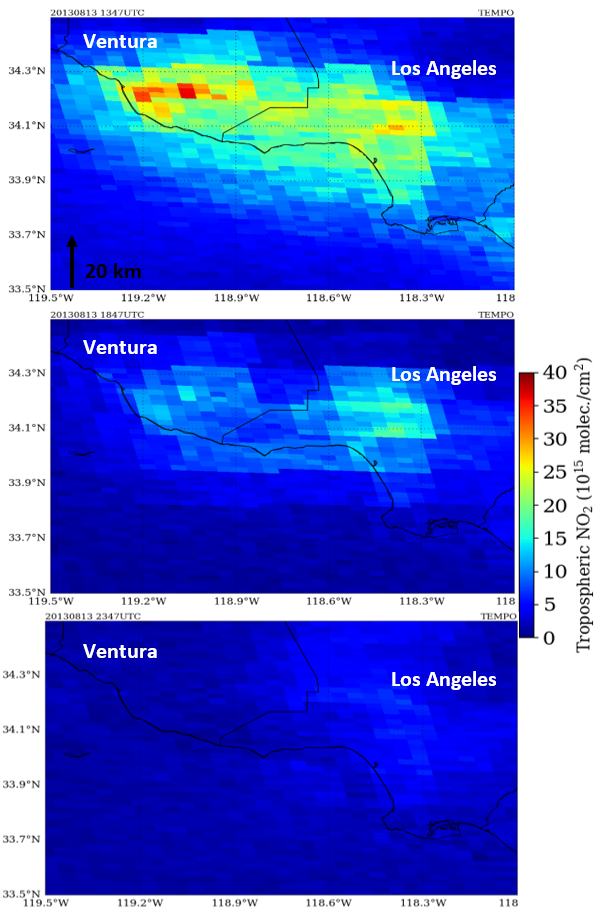 Figure 3. Synthetic TEMPO data showing high-resolution tropospheric NO2 column density on 13 August 2013 over Los Angeles and Ventura counties in California.  
