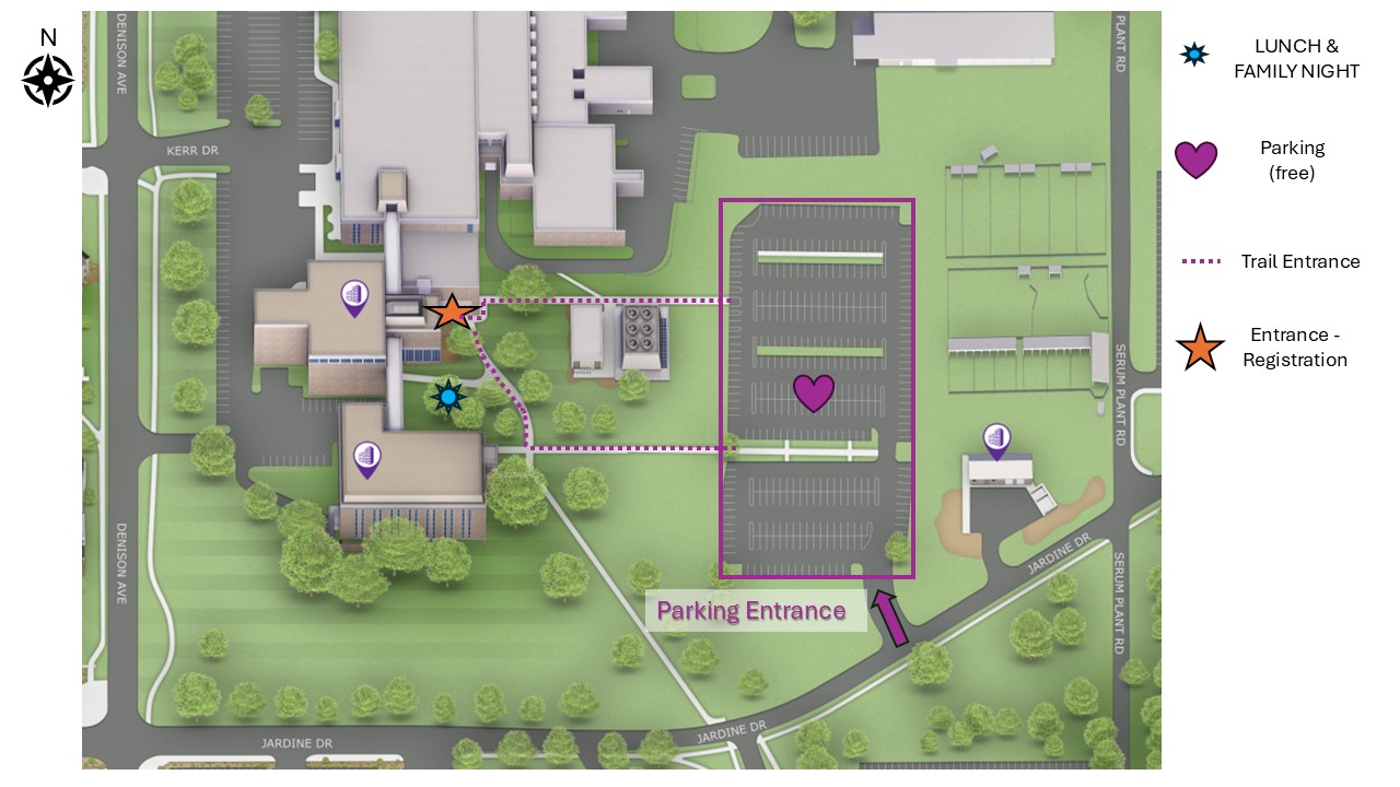 Map showing where visitors need to park and enter the building for the annual conference in June 2025