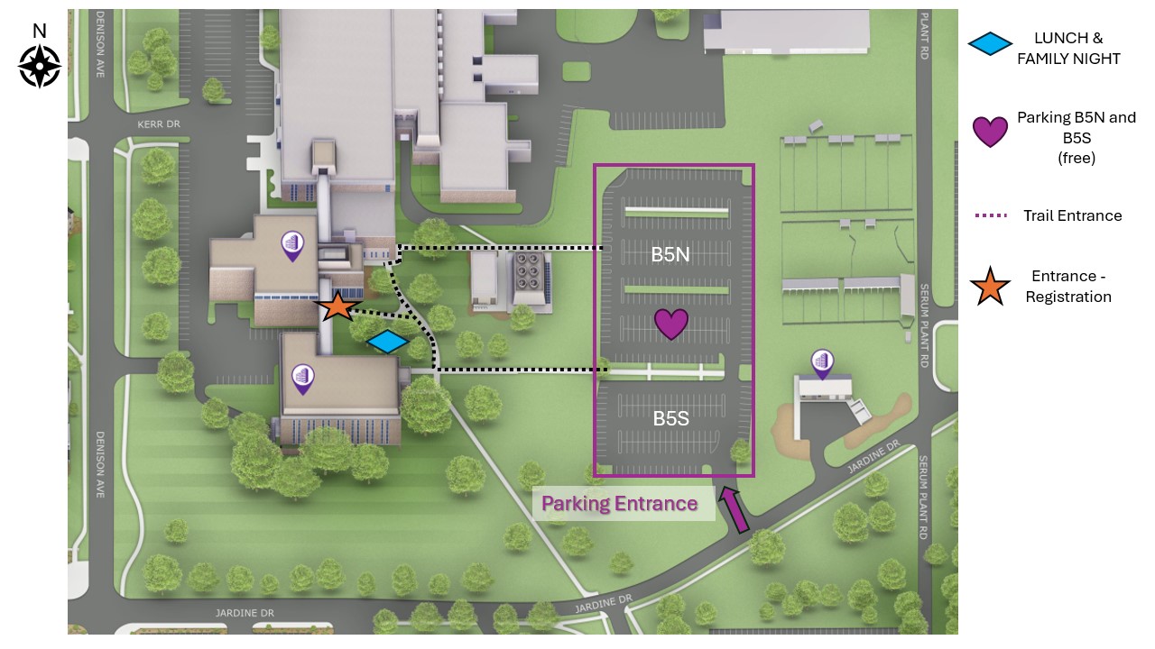 Map showing where visitors need to park and enter the building for the annual conference in June 2026