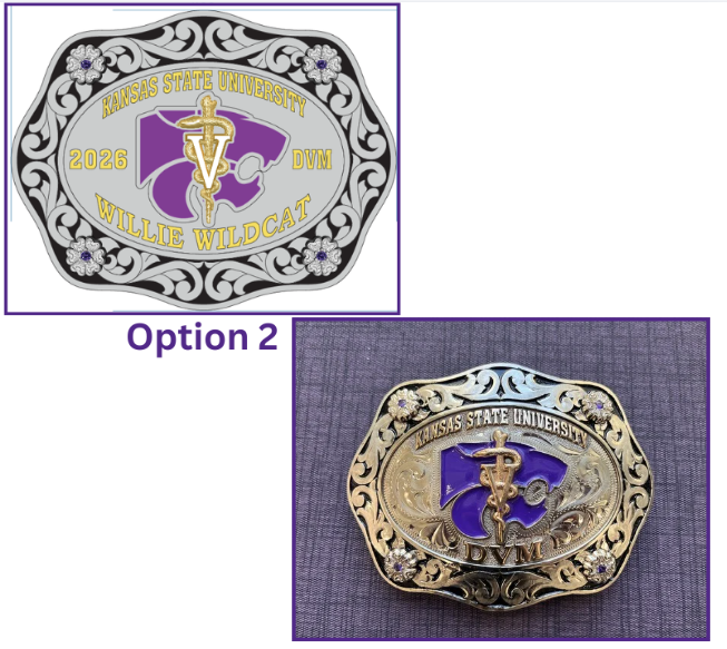 Kansas State University College of Veterinary Medicine belt buckle with decorative elements on a white background, oval shape&nbsp;