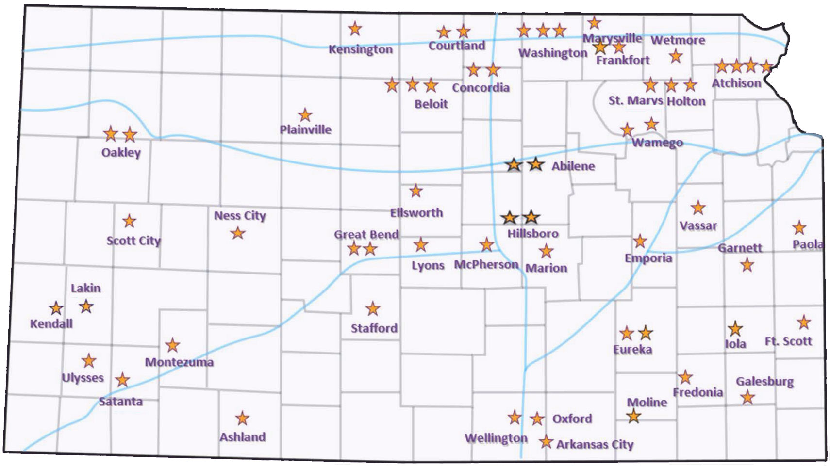 Kansas map - locations supported by VTPRK graduates