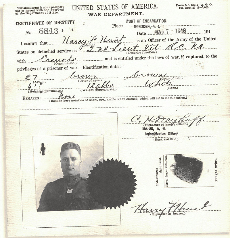 Lt. Harry Hunt ID certificate