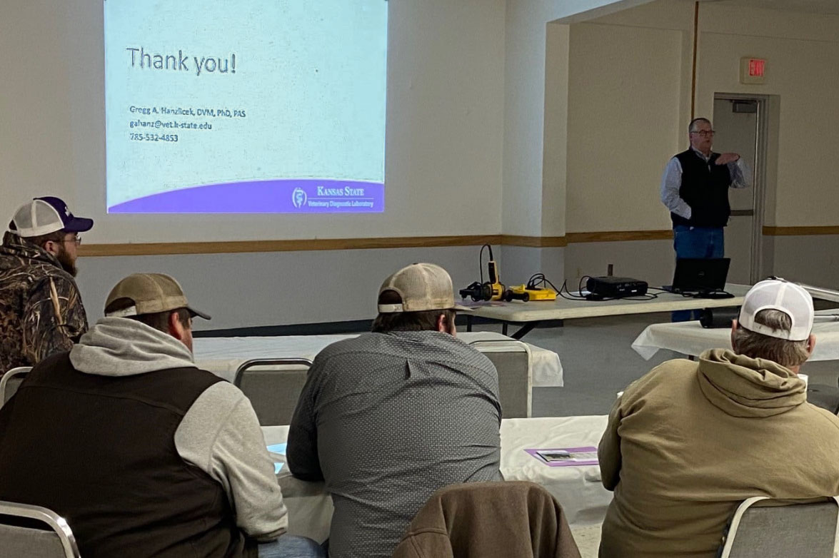 Dr. Gregg Hanzlicek presenting at the K-State Fall Ranch Management Seminar Series in Larned, Kansas. This series has been focused on presentations to enhance profit in beef production. 