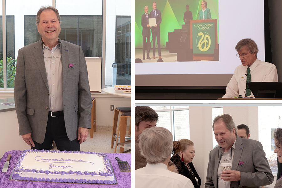 Collage showing Dr. Richt with a cake and meeting with colleagues