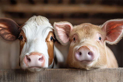 Cow and pig look over a fence together