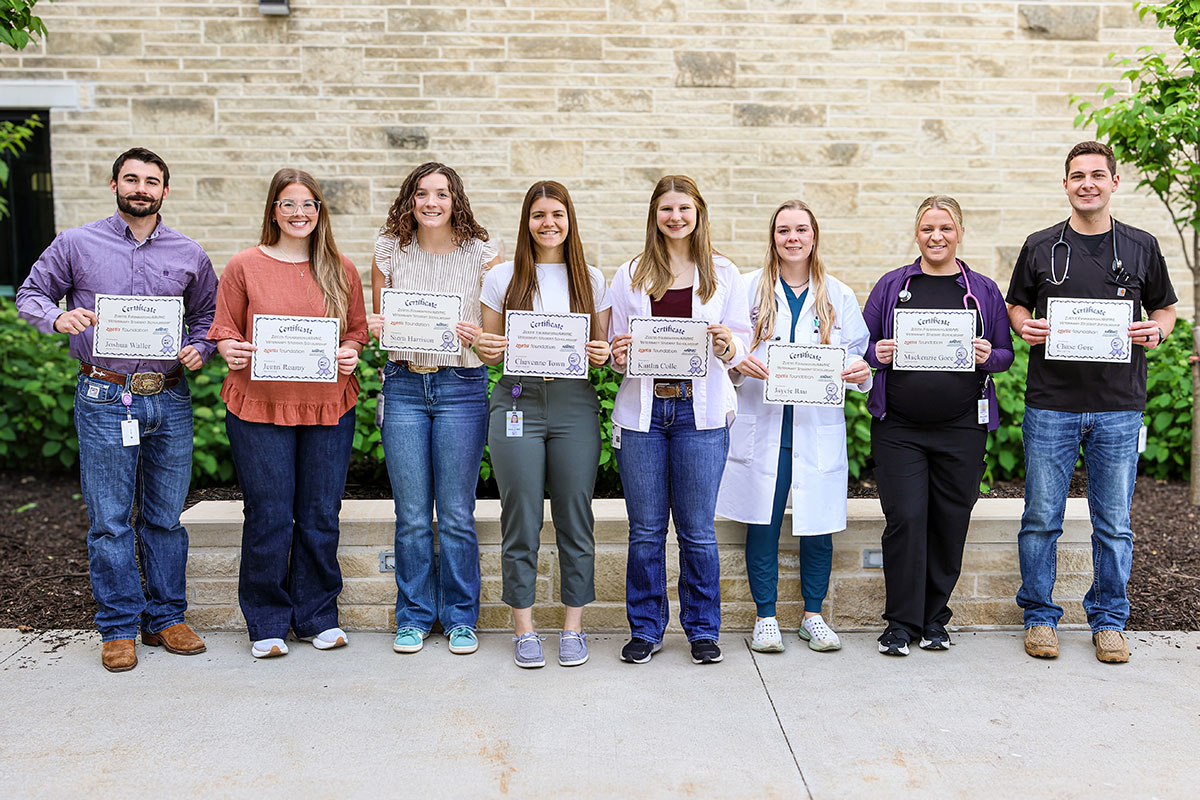 Zoetis scholars group photo: Joshua Waller (2028), Jentri Reamy (2028), Siera Harrison (2028), Cheyenne Town (2027), Kaitlin Colle (2027), Jaycie Rau (2027), Mackenzie Gore (2027), and Chase Gore (2027).