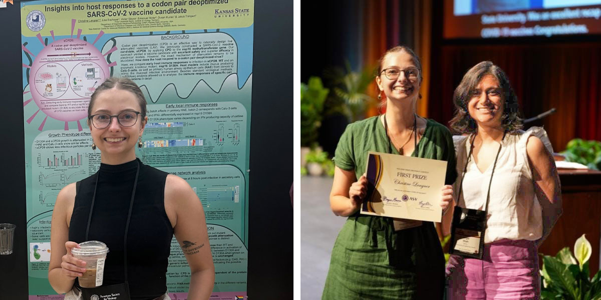Collage of two images of a grad student standing in front of a research poster and also receiving an award certificate from another person