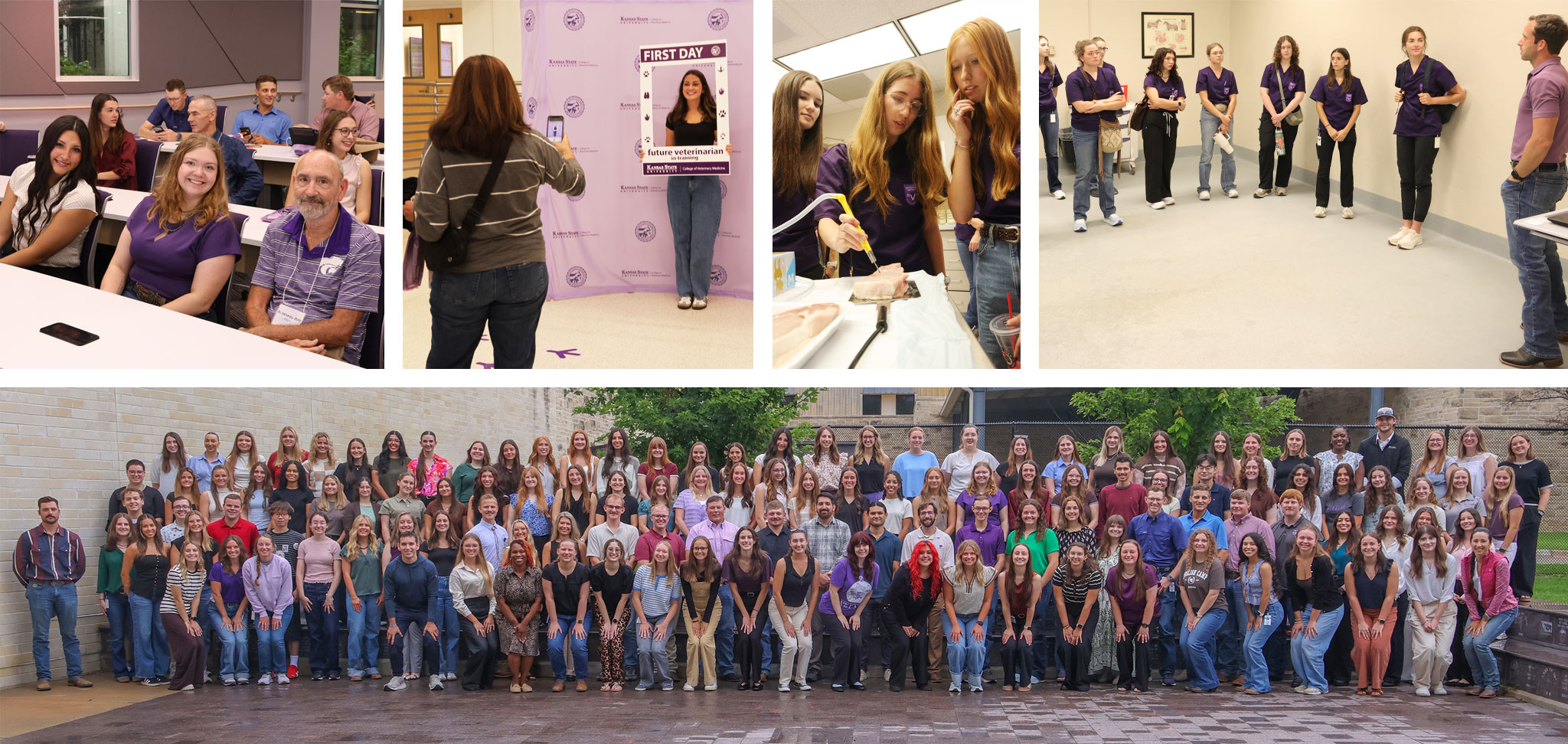 Collage of pictures of the new first-year DVM students going through orientation, including a full group photo of all the students.