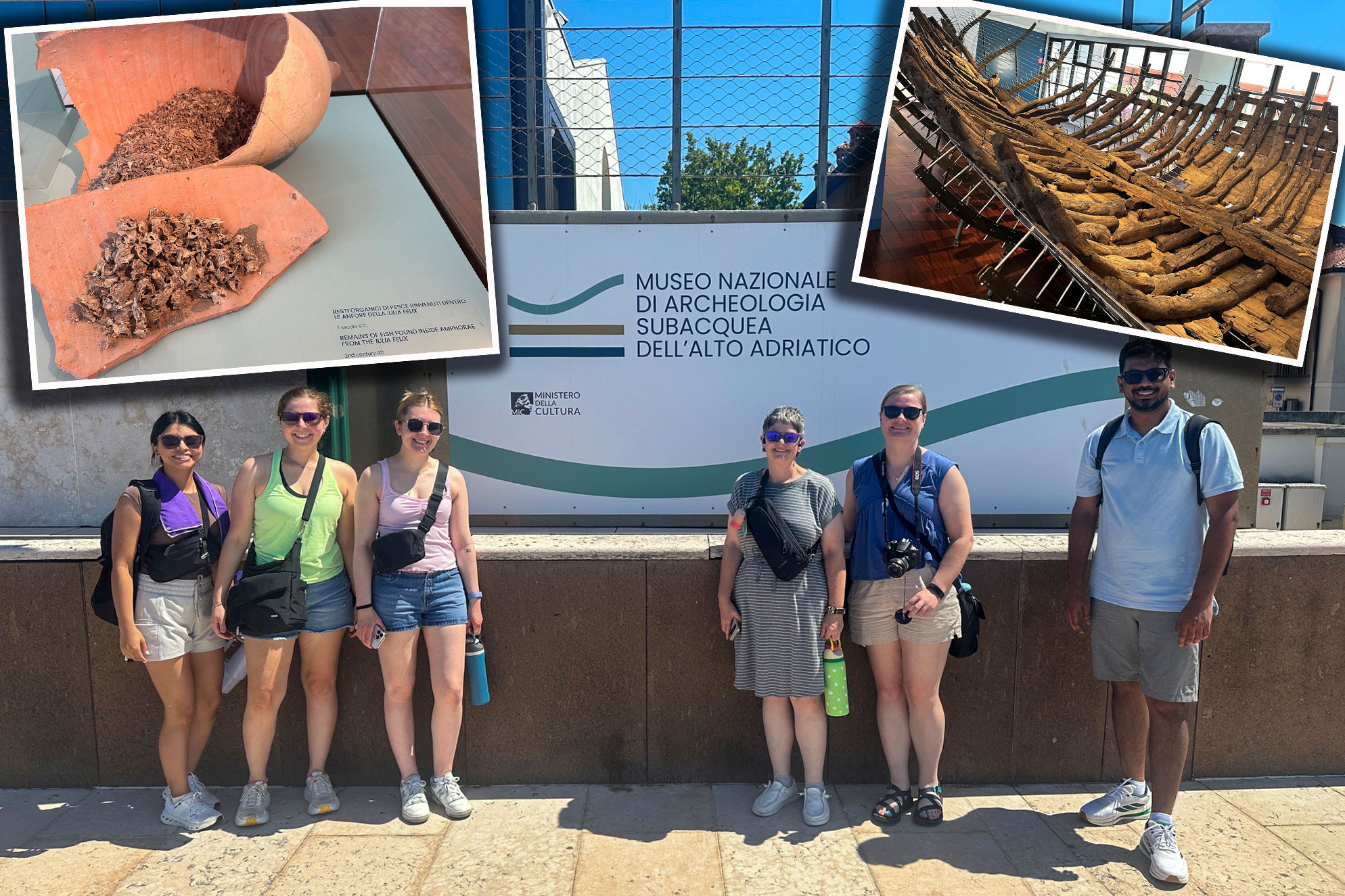 A collage showing the students at the National Museum of Underwater Archaeology of the Upper Adriatic in Grado, Italy. 