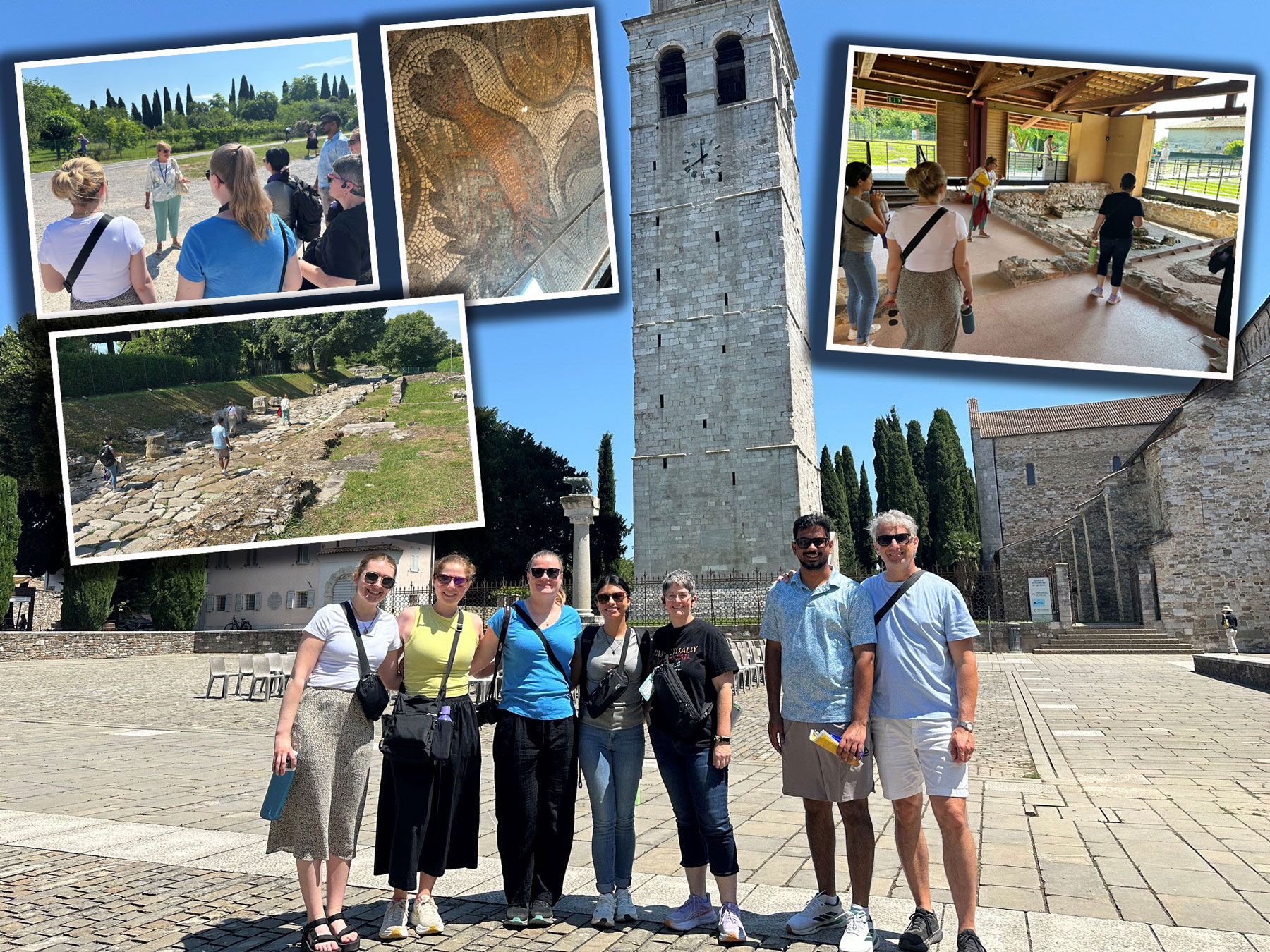 Collage showing students on an archaeological tour of the city of Aquileia. 