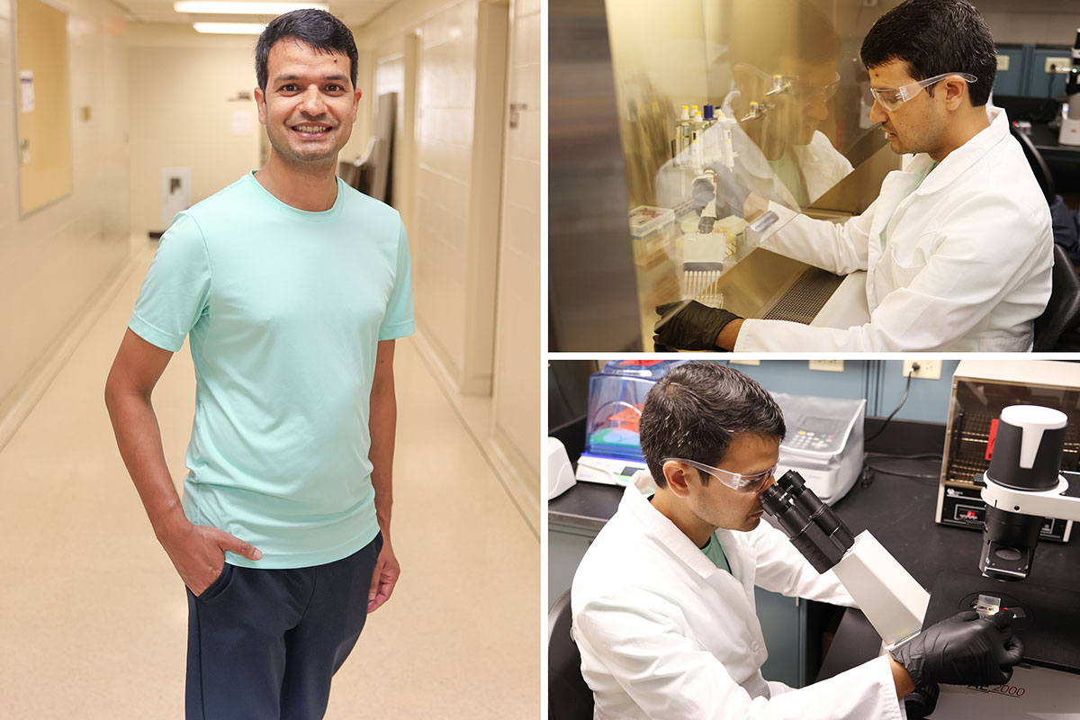 Photo collage showing Prabhu Joshi in the lab conducting research