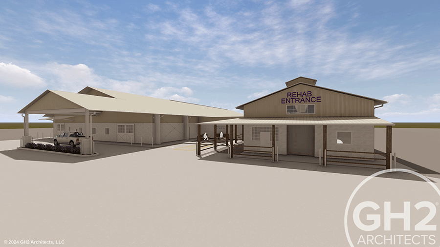 A digital rendering of a building featuring a prominent white roof against a clear blue sky.