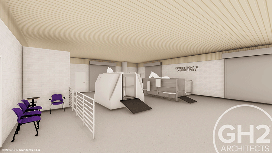 A rendering of a room featuring several chairs and two horse stalls, showcasing a simple and functional layout.