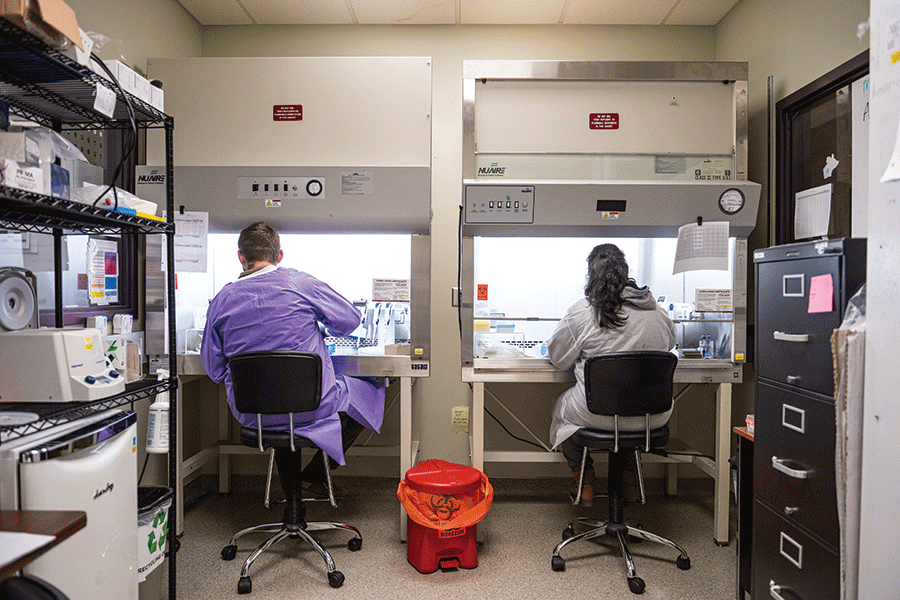 Two researchers collaborate in a lab, surrounded by computers and scientific equipment.