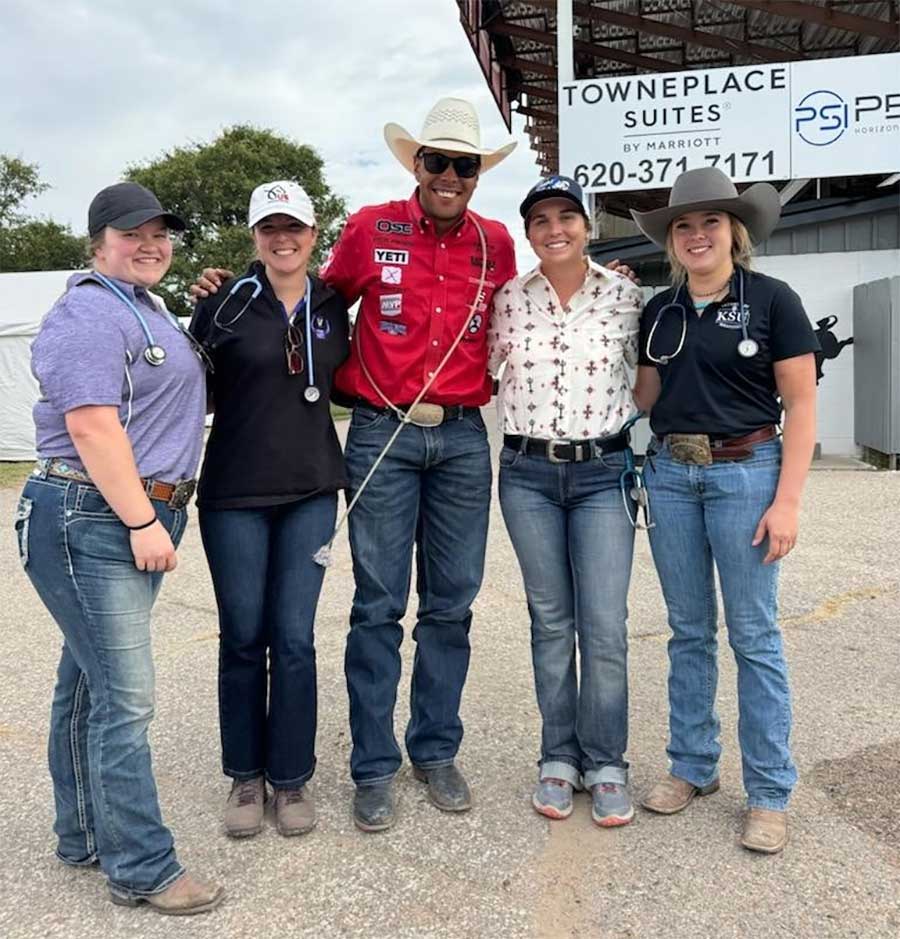 Equine veterinary students work at the Dodge City Roundup Rodeo