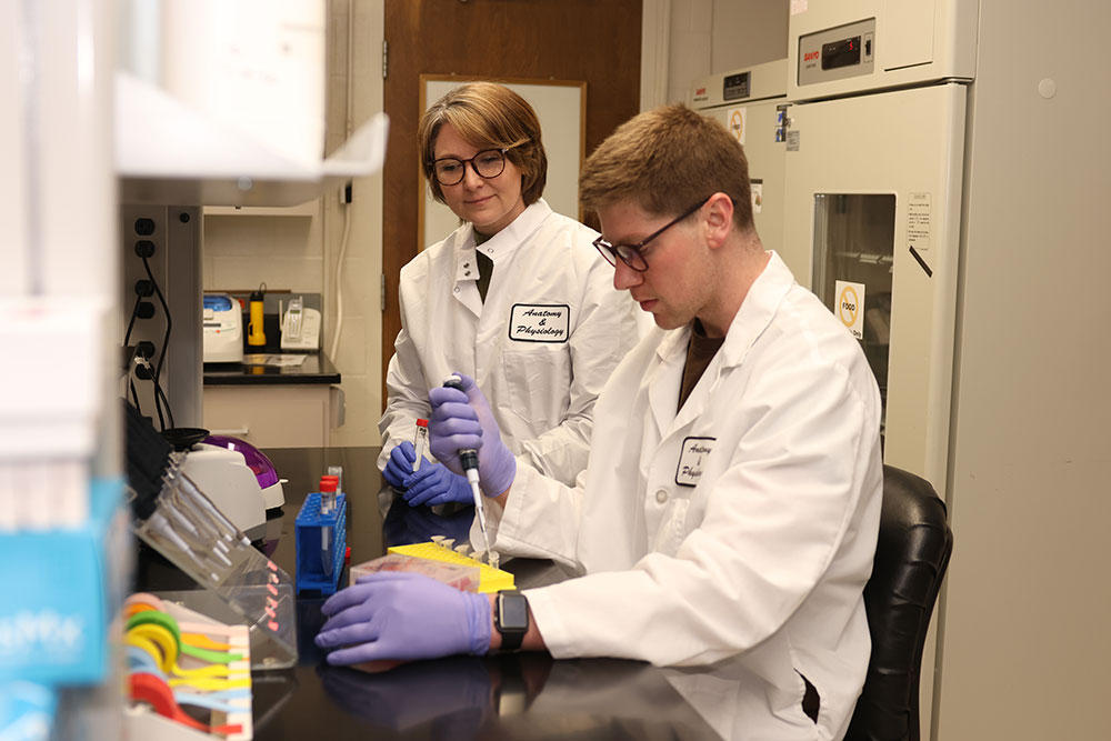 Two people in a lab, completing a project.