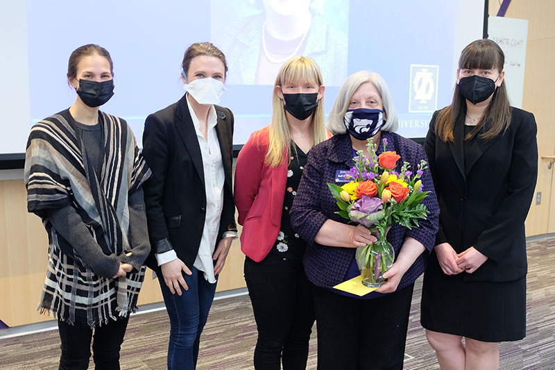 Gail Eyestone receives thanks from Phi Zeta Officers Drs. Sara Gardhouse, Jessica Meekins and Emily Reppert