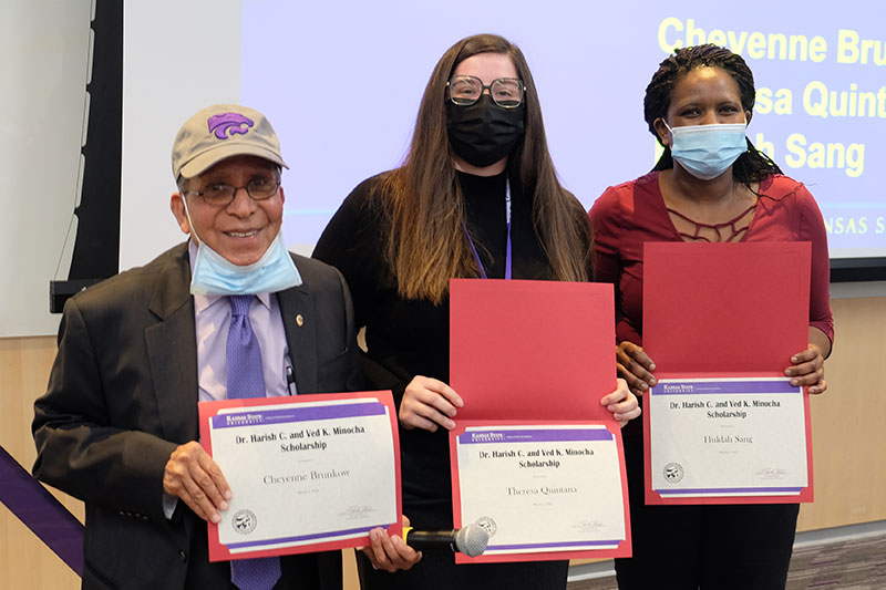 Minocha Scholarships, Theresa Quintana and Cheyenne Brunkow, with Dr. Harish Minochawith Suhasini and Roman Ganta