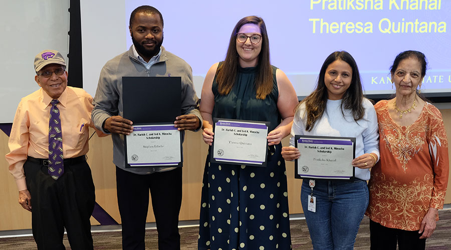 Minocha Scholarships, Stephen Edache, Theresa Quintana and Pratiksha Khanal with Dr. Harish Minocha