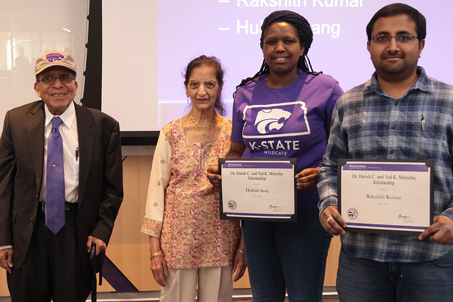 Minocha Scholarships, Rakshith Kumar and Huldah Sang with Dr. Harish and Ved Minocha