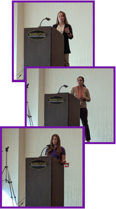three stacked images each containing one different woman speaking behind a podium