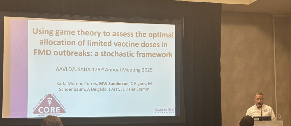 Dr. Sanderson at podium speaking to audience with slide projected on wall next to him.